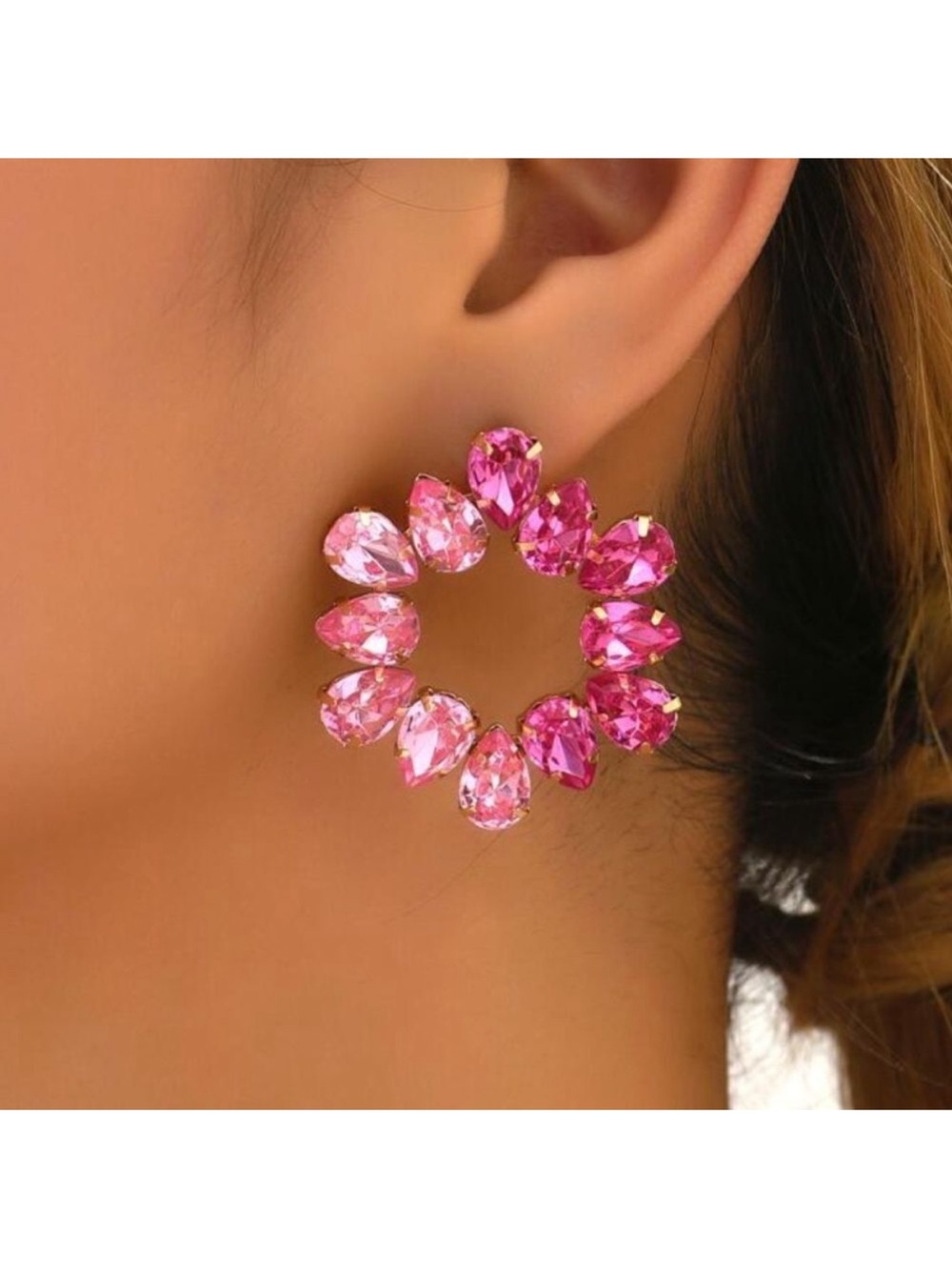 Pink Crystal Hoop Statement Earrings A24